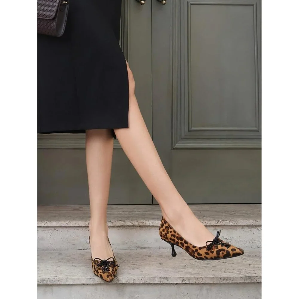 Leopard Print Kitten Heel Pumps with Bow - Picture 3 of 7